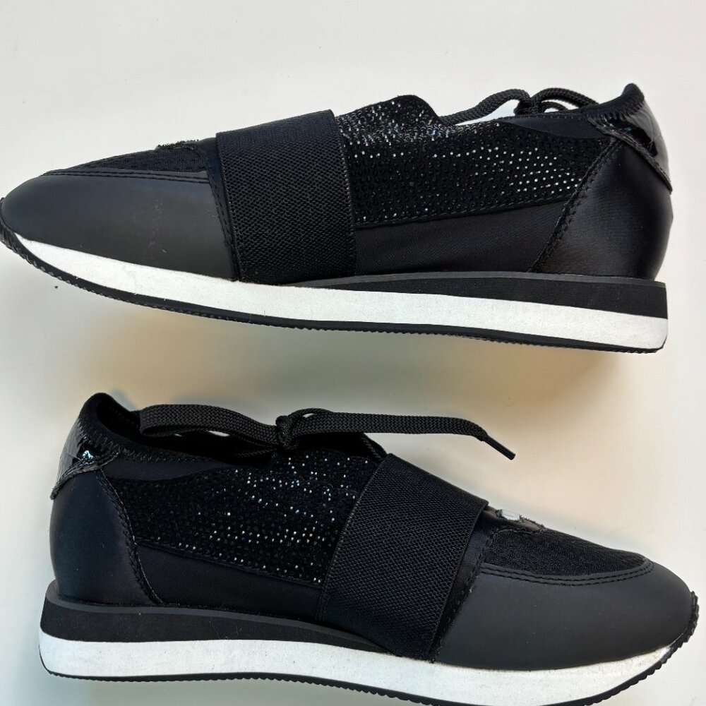 NEW Lola Cruz Crystal Sneakers 36 Black Rhinestone Elastic Strap Designer - Picture 3 of 8